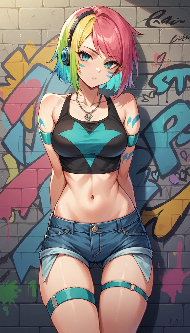masterpiece, best quality, 1 Girl, Solitary, Crop Top, Denim shorts, Necklace, (Graffiti:1.5), Paint splatter, Put your hands behind your back, Against the wall, Looking at the audience, armband, Thigh straps, Body paint, Head tilt, boring, Colorful hair, Aqua eyes, earphone, 