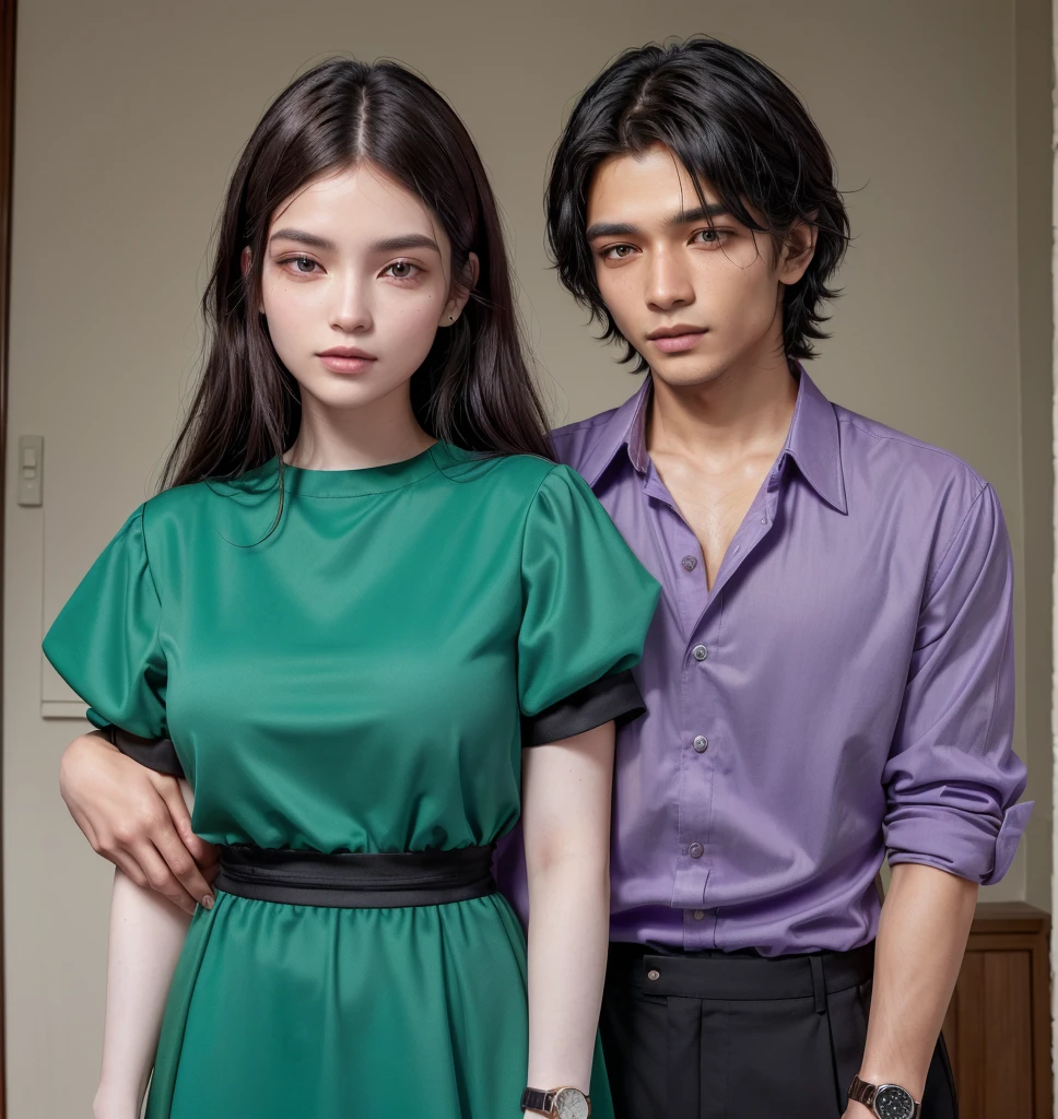 The man's shirt is light-brown, his pants are black, and he has a watch on his left hand. The woman is wearing a light-purple dress, her hair is black, and she is wearing a watch on her right hand. Both are a couple. The color of the skin is pale. The floor is an old house.srilankan cupple.