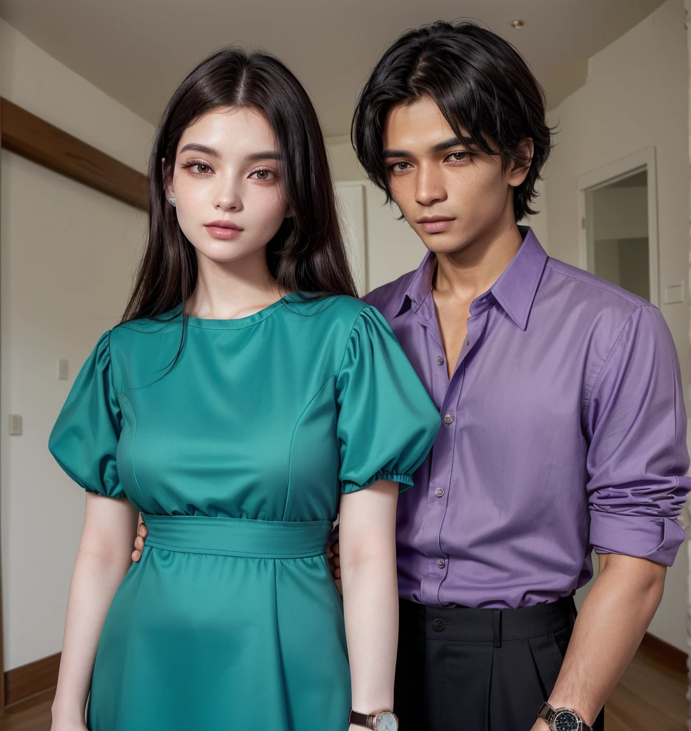 The man's shirt is light-brown, his pants are black, and he has a watch on his left hand. The woman is wearing a light-purple dress, her hair is black, and she is wearing a watch on her right hand. Both are a couple. The color of the skin is pale. The floor is an old house.srilankan cupple.