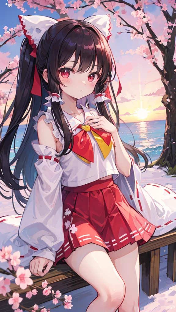 (Best image quality), Reimu Hakurei, Cherry Blossom, spring, sunset, hands back、ストリートキャップ、hoodie