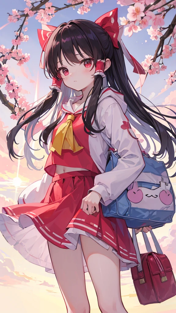 (Best image quality), Reimu Hakurei, Cherry Blossom, spring, sunset, hands back、ストリートキャップ、hoodie