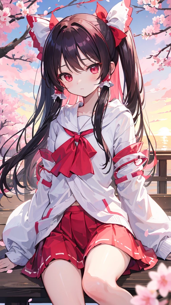 (Best image quality), Reimu Hakurei, Cherry Blossom, spring, sunset, hands back、ストリートキャップ、hoodie