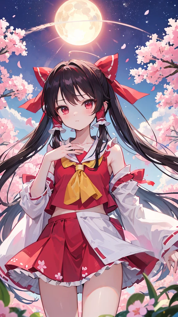(Best image quality), Reimu Hakurei, Cherry Blossom, spring, sunset, hands back、ストリートキャップ、hoodie
