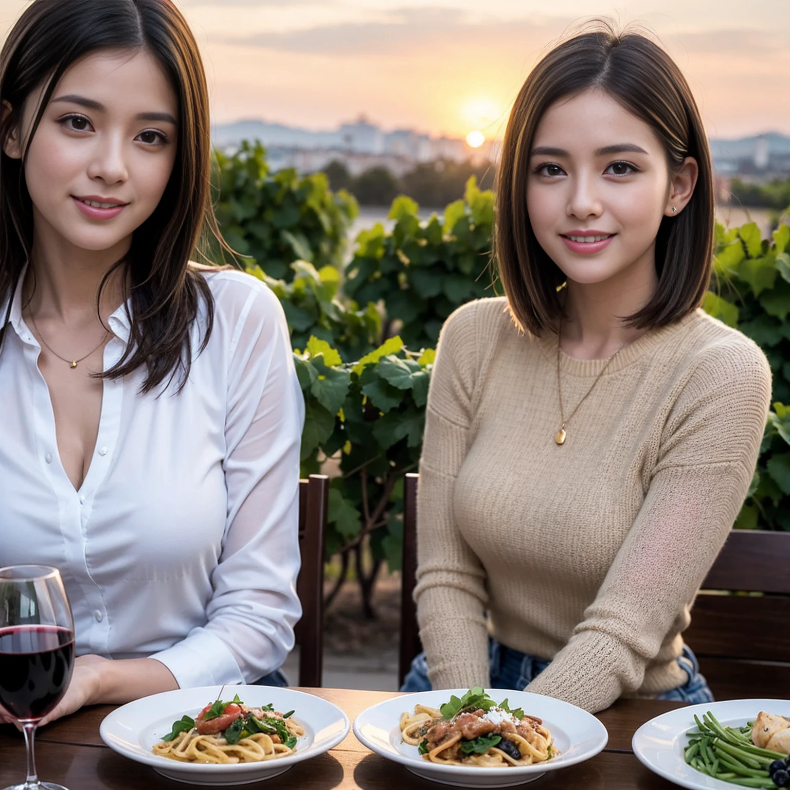 （Realistic:1.1）,(masterpiece,Highest quality)，8k,(40 years old), 42 years old, slimカップル、Model Couple、Actress/Actor、Tight waist,Upper Body,full-course dinner、wine 、Amazing view of the sunset sky and clouds、Perfect Anatomy, Brown Hair, Short Hair,Random Hairstyles,((Highly detailed face and eyes:1.2))(cute顔:1.4)，Beautiful actress face，Perfect golden ratio face，Long sleeve shirt、dress,(smile:1.2)、Shortcuts、cute、(Realistic, Intricate details:1.2), A bright smile、short hair,Bright Face、赤wine 、Appetizers、Italian food、wine bottle、Champagne、スパークリングwine、(slimな顔), (The body is slim), (Brown Hair), (Shortcuts),  Upper Body, 白wine, slim, wineグラス, 