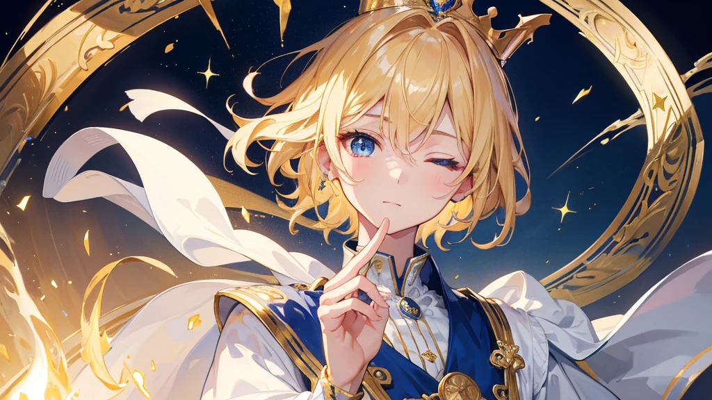 (Highest quality) (4K) (8k) (High resolution) (masterpiece:1.2) (Super detailed) One boy short hair Wizard Blue Eyes Long sleeve Golden decoration Hair between the eyes Closed Mouth White Dress Wavy golden hair Upper Body large crown (White Background) (Cast a spell) front Face close-up