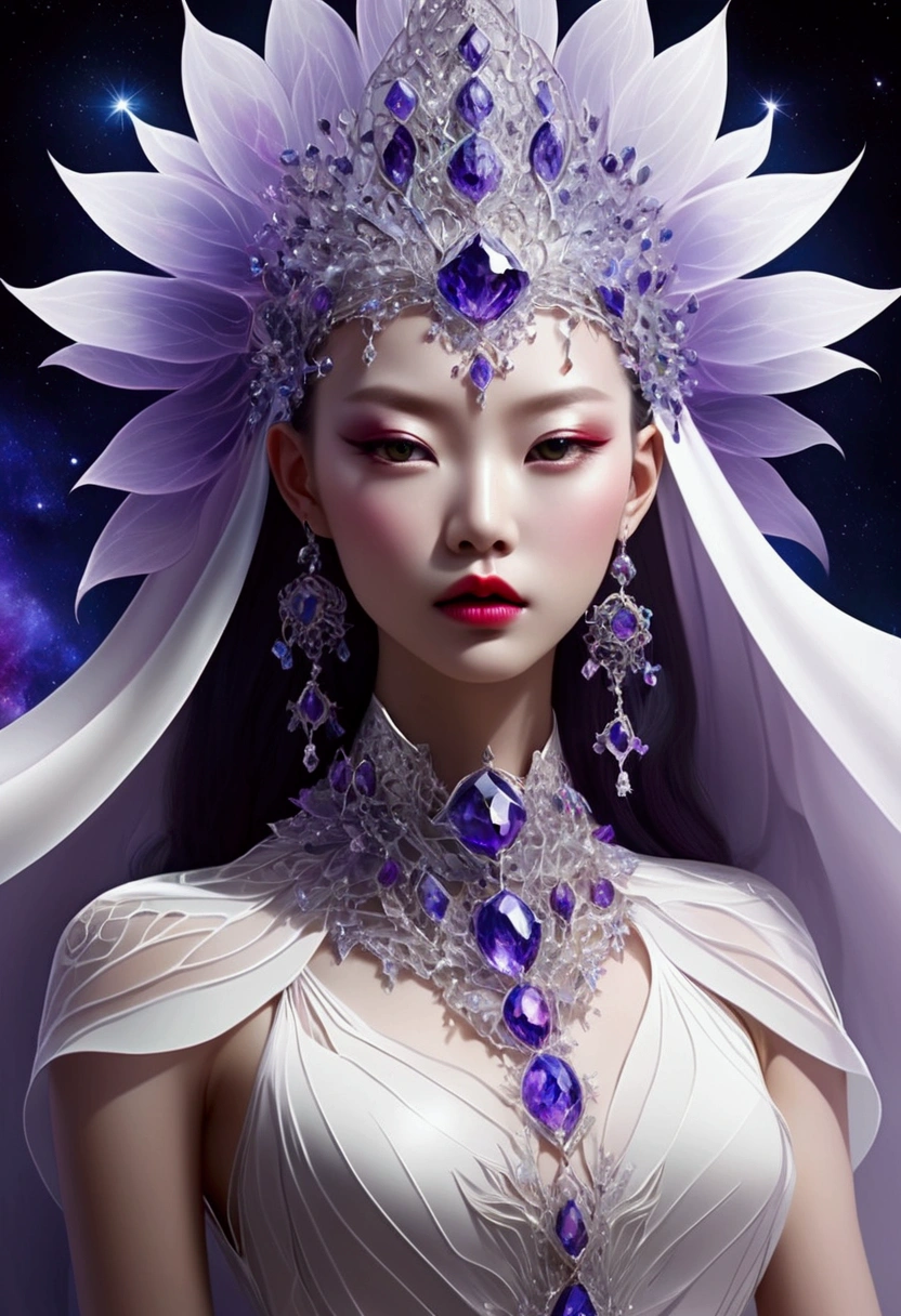 (fashion show:1.3),G Liulian art style, Female model wearing an extraordinary avant-garde dress,Looking at the audience, Perfect eyes, High detail face, lotus, Headdress, Violet necklace, Porcelain skin contrasts with deep red lips,Exudes an otherworldly beauty,Surreal contrasts,Layered Outlines,Complex Mode,Depth and size,translucent,Crystal structure,glowing lines,Fluorescence,Glow Example,Tracking Example,Backlight,Light particle blur,fantasy, Night Sky, Star, nebula, White crystal, moonlight, summer, Fractal background