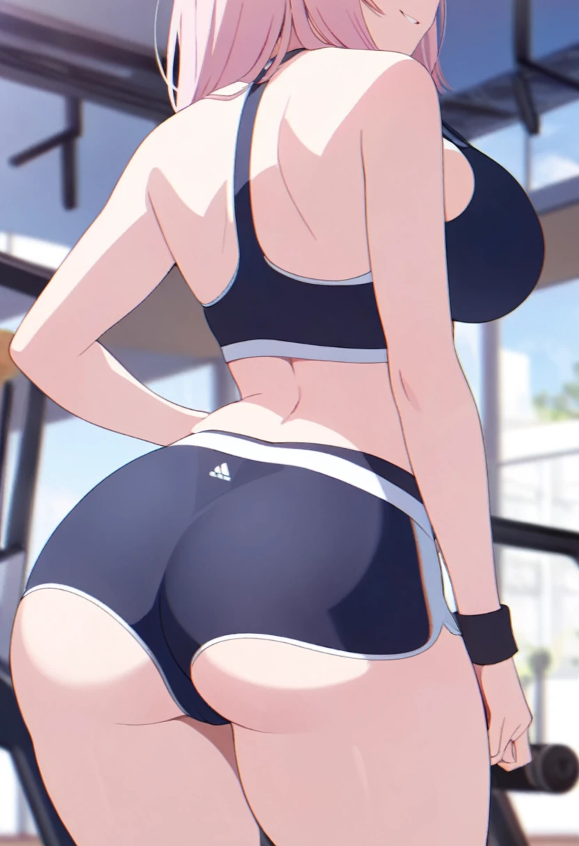 16yo girl, light pink hair, hime cut, long hair, hugr breast, thicc thigh, perfect body, sport bra tight sport shorts, ass and pussy shape through sport shorts, gym view, clear view, charming smile