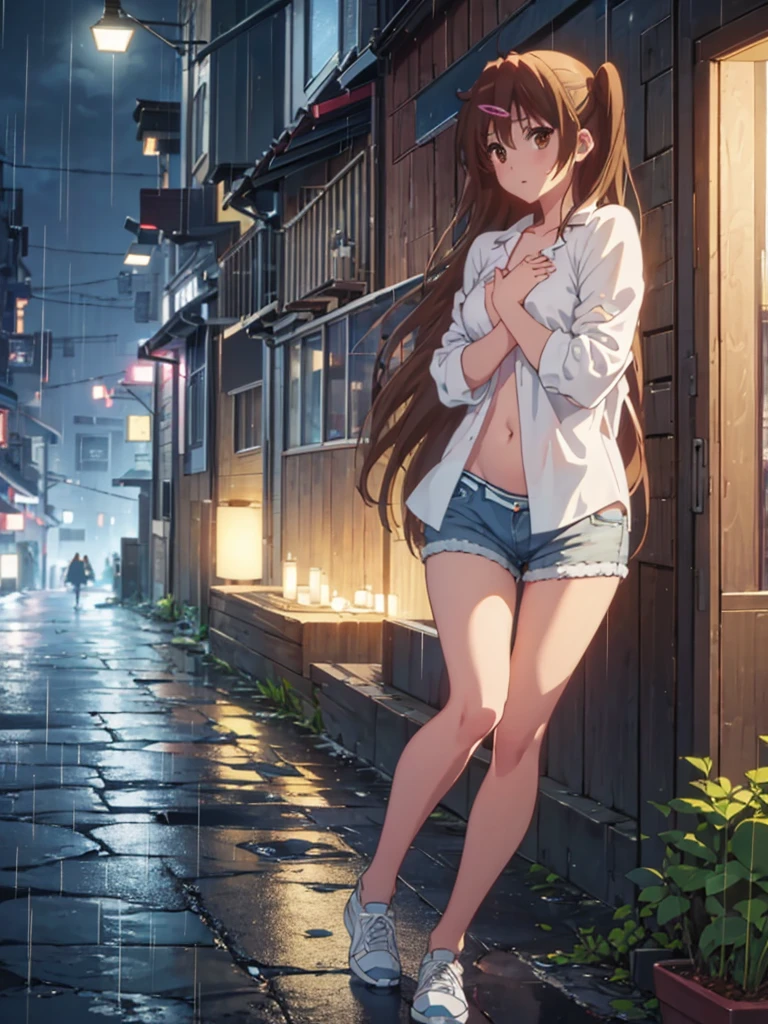 Girl, blue short, Unbuttoned Blouse, Blouse on a naked body,  You can see her breasts,  Bare breasts, chest visible, street  background, Narrow passage between houses, night, rain, slim body, In full growth, Sneakers , small breast, Bare breasts, She threw open her hands 