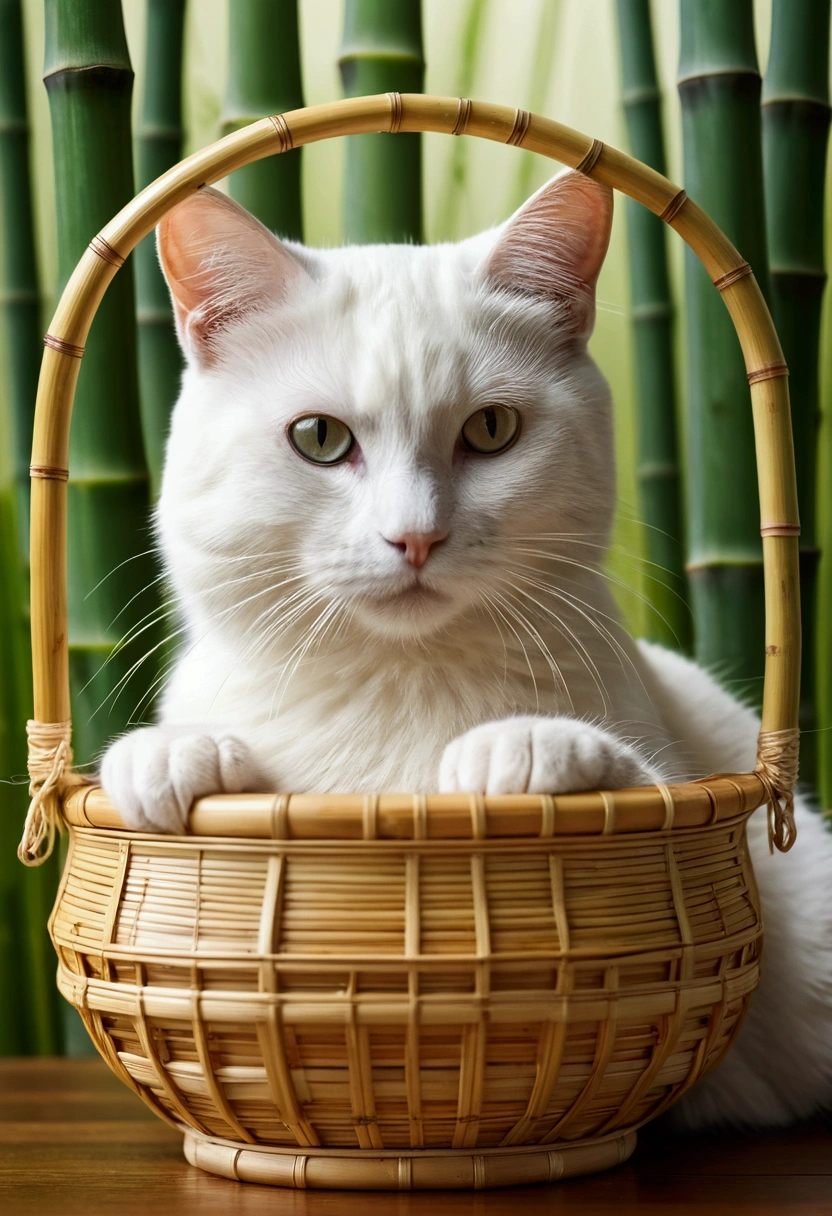 White cat，Detail in bamboo frame，Flowers in bamboo basket，