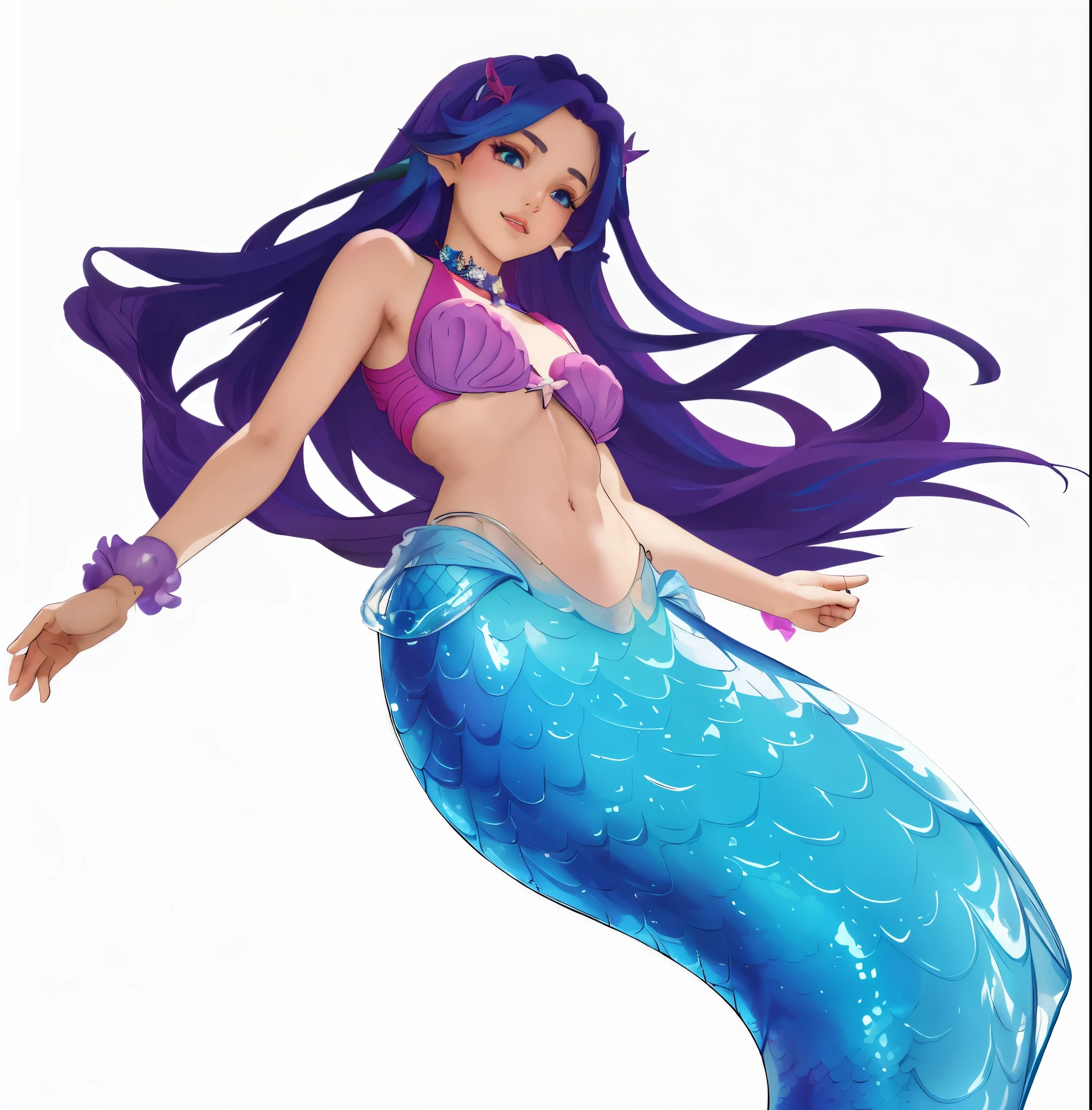 masterpiece, best quality:1.2), 1 Girl,Pretty Face, Looking at the audience, Purple long hair,粉色shell泳衣, , blue eyes, Mermaid, multicolored Mermaid tail, Lying on the beach, Fin ears, Head fin, shell, orchid