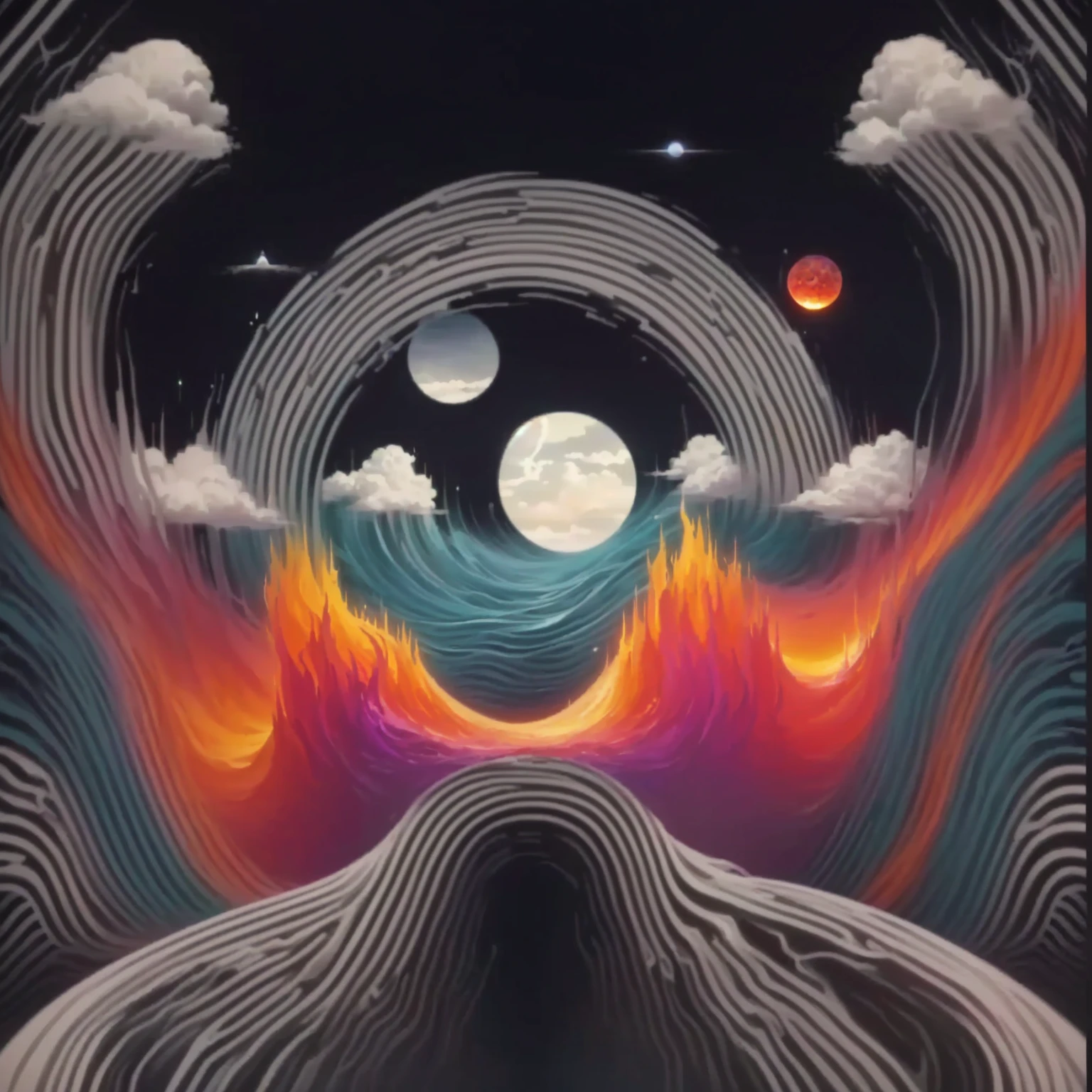a poster with a woman standing in front of a mountain and clouds, otherworldly visuals, psychedelic illustration, psychedelic cosmic horror, psychedelic visuals, surreal psychedelic design, psychedelic atmosphere, beeple and james jean, beeple and greg rutkowski, style hybrid mix of beeple, very trippy and abstract, trippy visuals, infinite psychedelic waves, psychedelic landscape