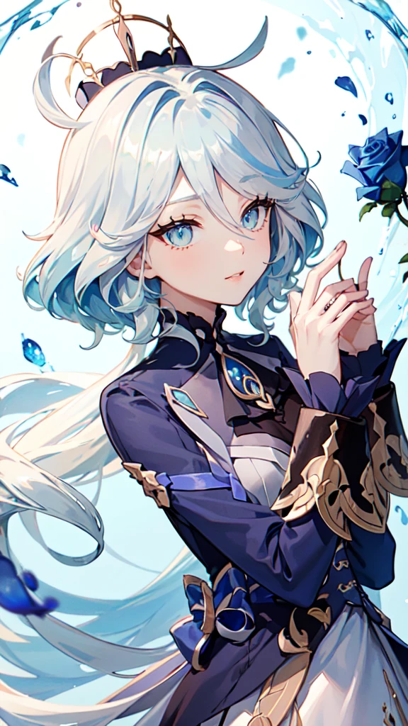 (White skirt),(((Wearing a small black hat)))Forrina, Surrealism, 8K, Super Detail, Hydraulic Archon, permanent, Naughty face, smug, beautiful eyes, masterpiece, high resolution, 8K, Anime woman, The writing is delicate and meticulous 、Detailed digital illustration、(((Genshin Impact))、Shiny hair、A very beautiful woman、High image quality, high quality、Detailed background、The inside of the eye sparkles like a diamond、(((Blue Hair)))、(((Scan your fringe)))、Gradient pupil、(((2 arms、4 fingers, 1 thumb)))、Detailed female face、A very beautiful woman、、Detailed background、masterpiece、Soft Focus , Bright gradient watercolor , lens flare , (((flash))) , glow , excellent ,、((Very beautiful light blue rose hair accessories)), maxiskirt,City background