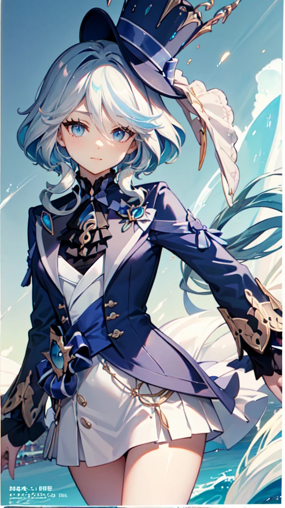 (White skirt),(((Wearing a small black hat)))Forrina, Surrealism, 8K, Super Detail, Hydraulic Archon, permanent, Naughty face, smug, beautiful eyes, masterpiece, high resolution, 8K, Anime woman, The writing is delicate and meticulous 、Detailed digital illustration、(((Genshin Impact))、Shiny hair、A very beautiful woman、High image quality, high quality、Detailed background、The inside of the eye sparkles like a diamond、(((Blue Hair)))、(((Scan your fringe)))、Gradient pupil、(((2 arms、4 fingers, 1 thumb)))、Detailed female face、A very beautiful woman、、Detailed background、masterpiece、Soft Focus , Bright gradient watercolor , lens flare , (((flash))) , glow , excellent ,、((Very beautiful light blue rose hair accessories)), maxiskirt,City background