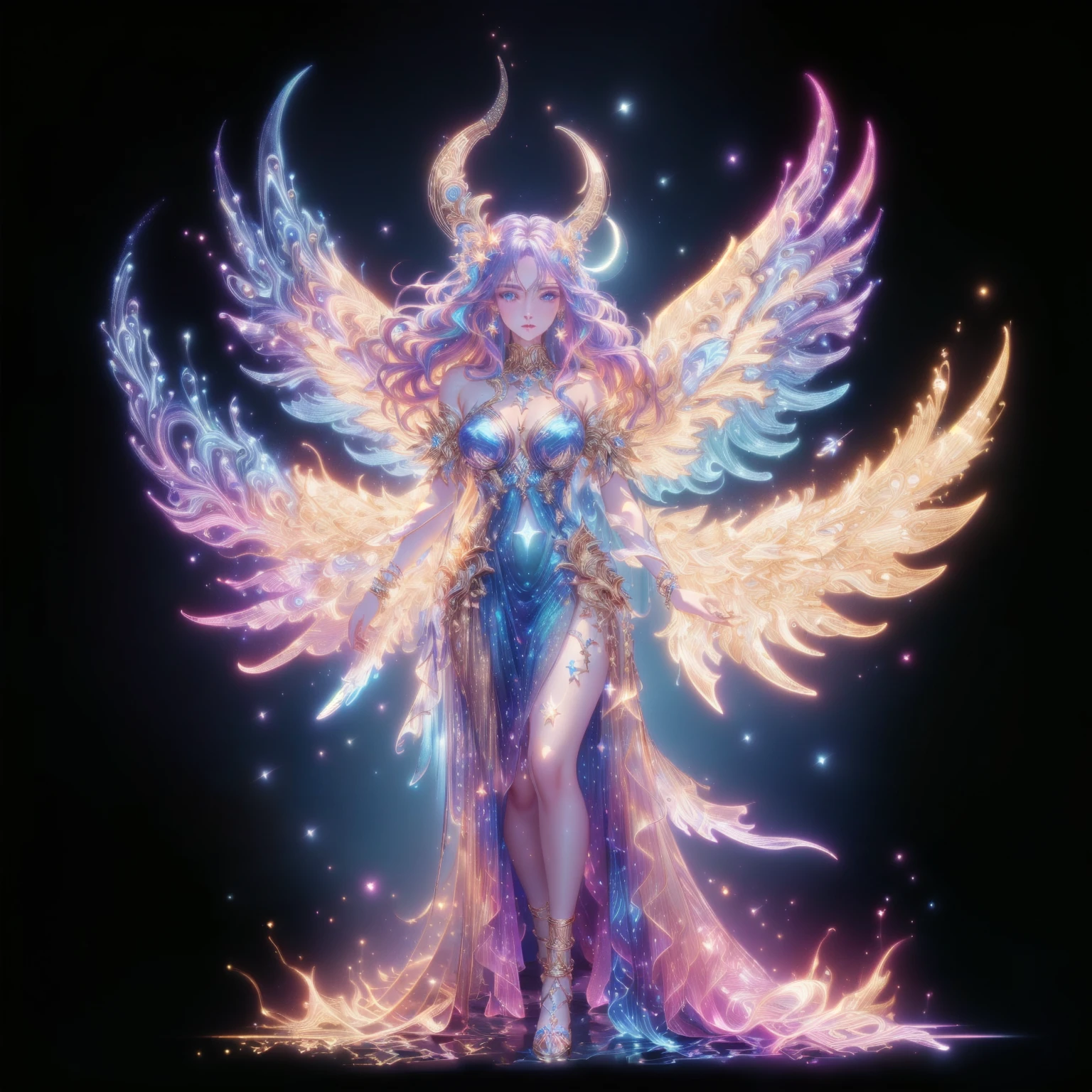 A woman in a golden dress stands in front of a starry sky., celestial goddess, beautiful heavenly mage, gorgeous goddess of leo, Argerm Julie Bell Beeple, goddess of light, moon goddess, as the goddess of the sun, , goddess. Very high detail, goddess of the sun, lunar goddess , Saw the navel. , star background , , , blue eyes , thighs and stockings , Decorated with exquisite gold-colored thighs , gold anklet , , high definition , high resolution , The set is filled with cosmic energy. , Clear set in the gold network brand , Waist jewelry , black stockings