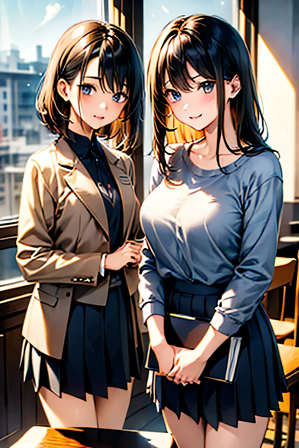 masterpiece、Best Quality、Super detailed、Beautiful Eyes、Jitome、 ((2 girls:1.6))、((The woman on the right has straight, black hair down to her shoulders.、The woman on the left has short blonde hair.))、Big Breasts、High school girl in modern Japanese 。(white blouse with peter pan collar、Navy blue pleated skirt、They are wearing blazers of the same color with the school emblem on them.)、Standing by the window in the classroom, where sunlight was streaming in、The sunlight is shining warmly。Holding a book in his left hand、Gazing thoughtfully out the window。In the background there is a wooden desk and chair、I see a blackboard full of chalk writing.。Pan Thai、From below、 blush、Mouth pointed.、Open your wavy mouth、Close ~ eyes、upright、valley、