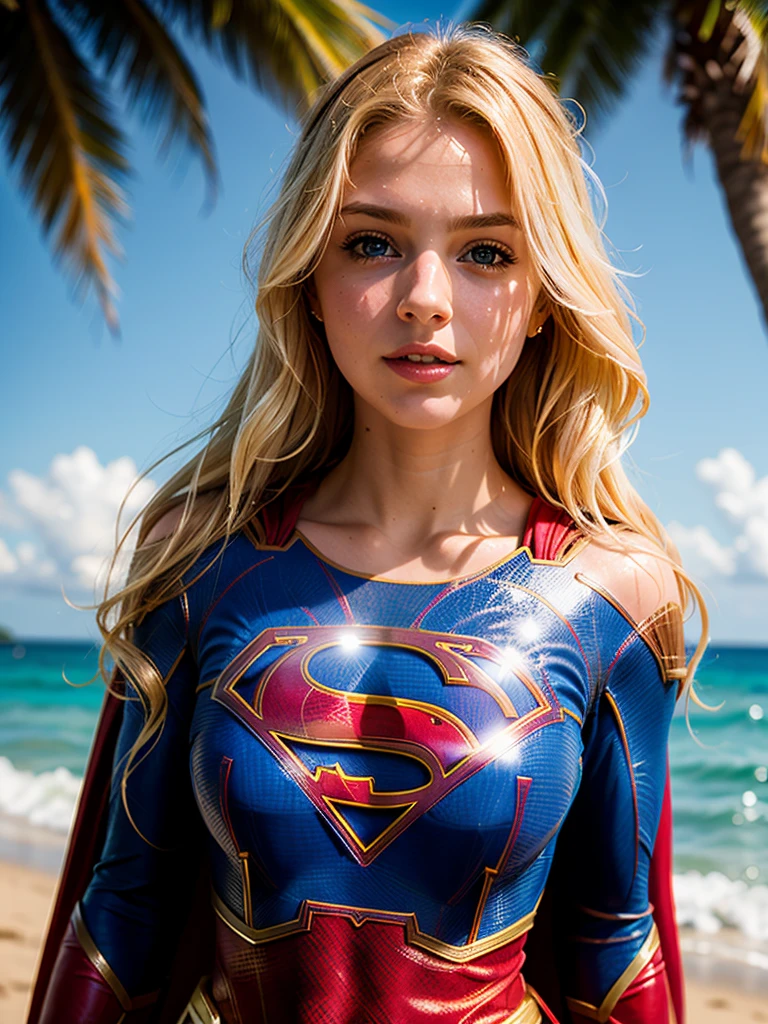 Sexy shot, charming blonde, long blonde hair, ((supergirl)), sexy body, wearing a supergirl costume, ((wet)), posing on the beach, looking at the viewer, sunlight passing through the hair, depth of field, bokeh
