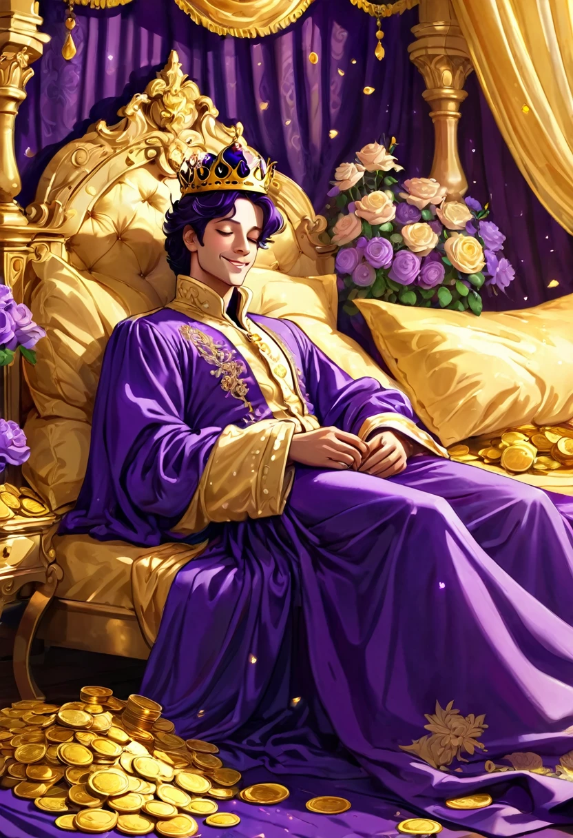 The prince angel is sleeping on the big gorgeous golden bed, smiling, a beautiful palace, surrounded by gold coins, stacks of gold coins and banknotes, the prince is wearing a royal luxurious deep violet robe, a crown ,Rose, A soft curtain of pale flowers hangs from the canopy and sways in the breeze.