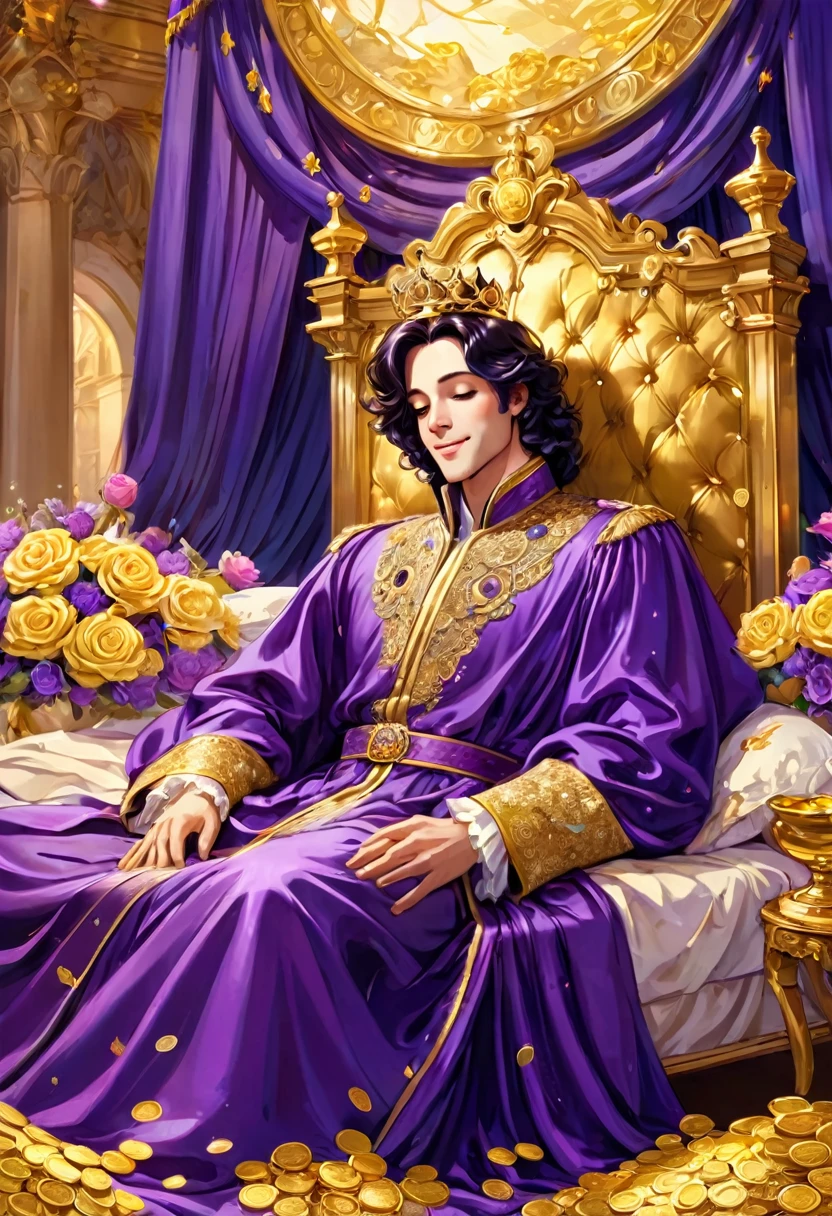 The prince angel is sleeping on the big gorgeous golden bed, smiling, a beautiful palace, surrounded by gold coins, stacks of gold coins and banknotes, the prince is wearing a royal luxurious deep violet robe, a crown ,Rose, A soft curtain of pale flowers hangs from the canopy and sways in the breeze.