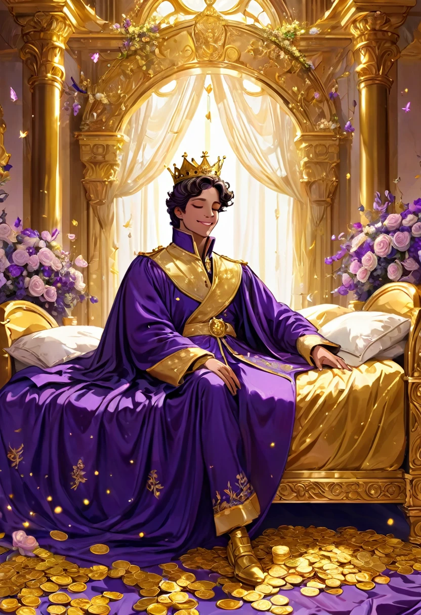 The prince angel is sleeping on the big gorgeous golden bed, smiling, a beautiful palace, surrounded by gold coins, stacks of gold coins and banknotes, the prince is wearing a royal luxurious deep violet robe, a crown ,Rose, A soft curtain of pale flowers hangs from the canopy and sways in the breeze.