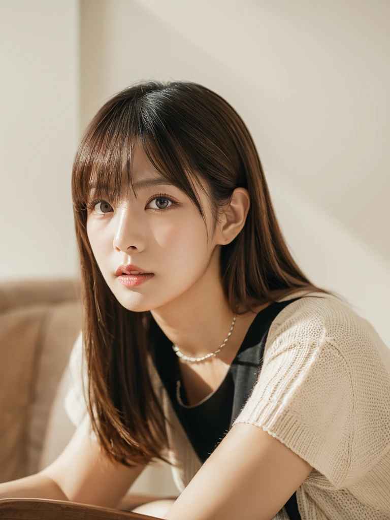 (Tabletop,Highest quality)), (Like the picture:1.4),(((Tabletop,8K)),White wall,(White Room),((Full body photo))),Photographed in natural light,Highly detailed face and skin texture,Highly detailed lips,The correct state of the human body,Ultra-high resolution,(Photorealistic:1.4),Highest quality, One beautiful woman, 38 years old, s, 60mm lens, light beige knit,(Medium Hair),Japanese women,(Black Hair),Various poses,Looking into the camera,Natural lip color, necklace