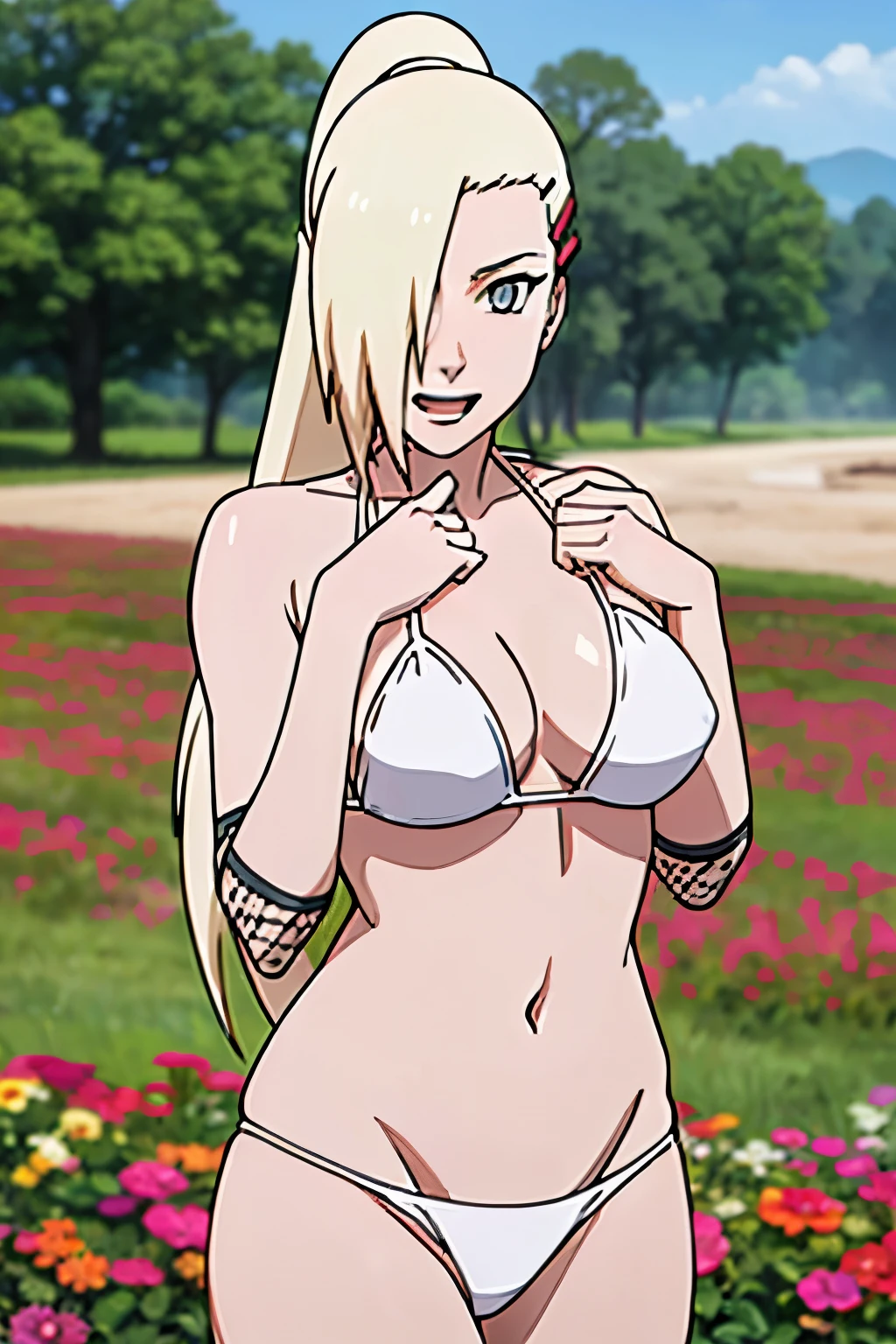 (White bikini:1.5), Ino yamanaka, looking at the viewer, gorgeous, attractive, groin, cowboy shot, ultra detailed face, sunny day, day time, shiny skin, upper body view, anime style, solo, detailed flower field, blonde, (focus on breasts), ((one eye covered with hair, hair over eye, ponytail)), (medium breasts), belly button, looking at the viewer, thick arms, (off-shoulders, wide shoulders, curving body), hidden eye, smile, open mouth, very happy, tall, hair clip, sharp look, sharp face, sharp eye, cold colors,