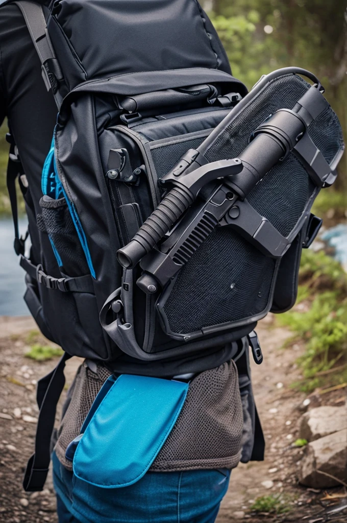 Design a weapon called the octopus launcher. It should be a square glass shaped aquarium backpack that contains many small little octopuses. The backpack connects to a pipe, which leads to a rocket launcher like gun a man should wear this back pack and carry this gun pic should backside point of view the person should carry this gun