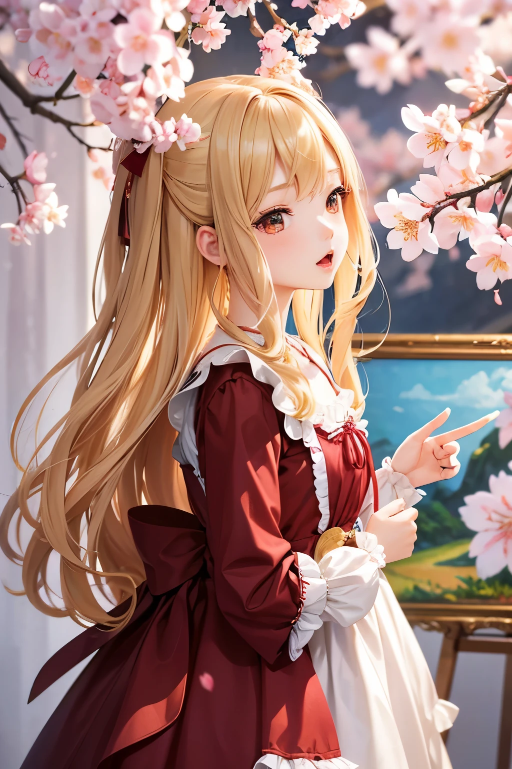 Doll standing in front of the painting、blonde、Yawning face、Rococo、(high definition figures)、Flowing cherry colored silk、cherry blossom petals、Flowing cherry blossom silk、Taken from the side、Bokeh effect strong、season!!: 🌸 ☀ 🍂 ❄