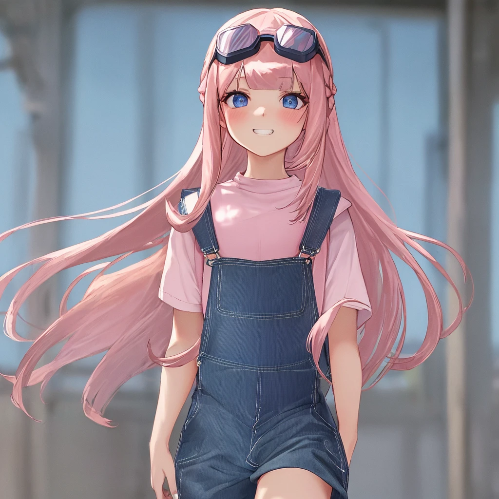 beautiful girl, {solo}, shiny skin, (long hair:1.5), (straight hair:1.3), (blunt bangs:1.6), {sideburns}, {bright pink hair color}, BREAK, {cobalt blue eyes}, BREAK, (pink goggles,on the top on head:1.2), BREAK, {{(overalls:1.6)}}, grin, (blush:1.1), dynamic pose, anime, best quality, detailed beautiful eyes, super detailed skin, detailed, caustics,