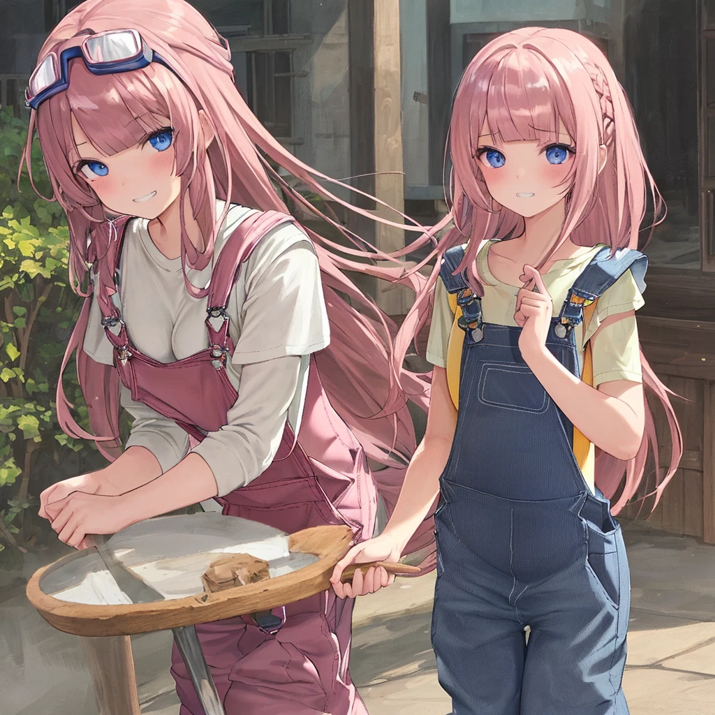 beautiful girl, {solo}, shiny skin, (long hair:1.5), (straight hair:1.3), (blunt bangs:1.6), {sideburns}, {bright pink hair color}, BREAK, {cobalt blue eyes}, BREAK, (pink goggles,on the top on head:1.2), BREAK, {{(overalls:1.6)}}, grin, (blush:1.1), dynamic pose, anime, best quality, detailed beautiful eyes, super detailed skin, detailed, caustics,