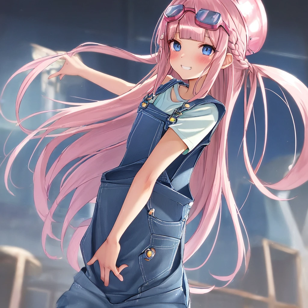 beautiful girl, {solo}, shiny skin, (long hair:1.5), (straight hair:1.3), (blunt bangs:1.6), {sideburns}, {bright pink hair color}, BREAK, {cobalt blue eyes}, BREAK, (pink goggles,on the top on head:1.2), BREAK, {{(overalls:1.6)}}, grin, (blush:1.1), dynamic pose, anime, best quality, detailed beautiful eyes, super detailed skin, detailed, caustics, 