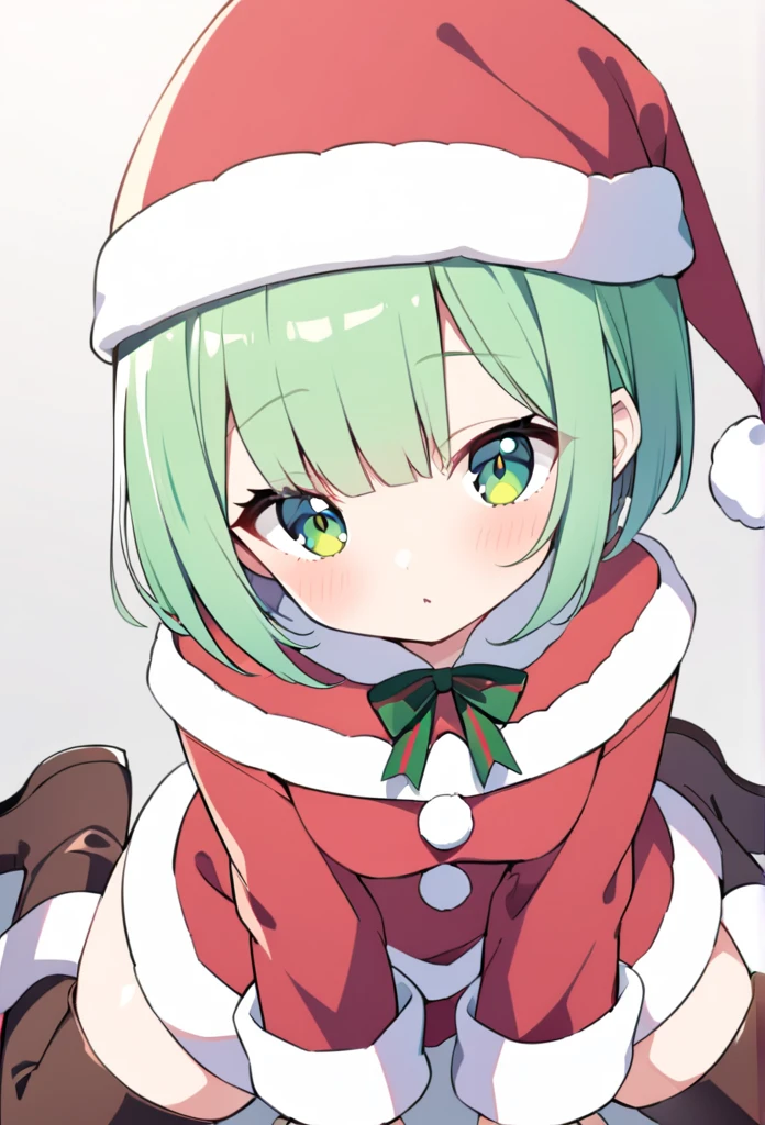 1 girl, cute, young, green hair, bob haircut, green eyes, santa clothes, thigh boots, wariza,