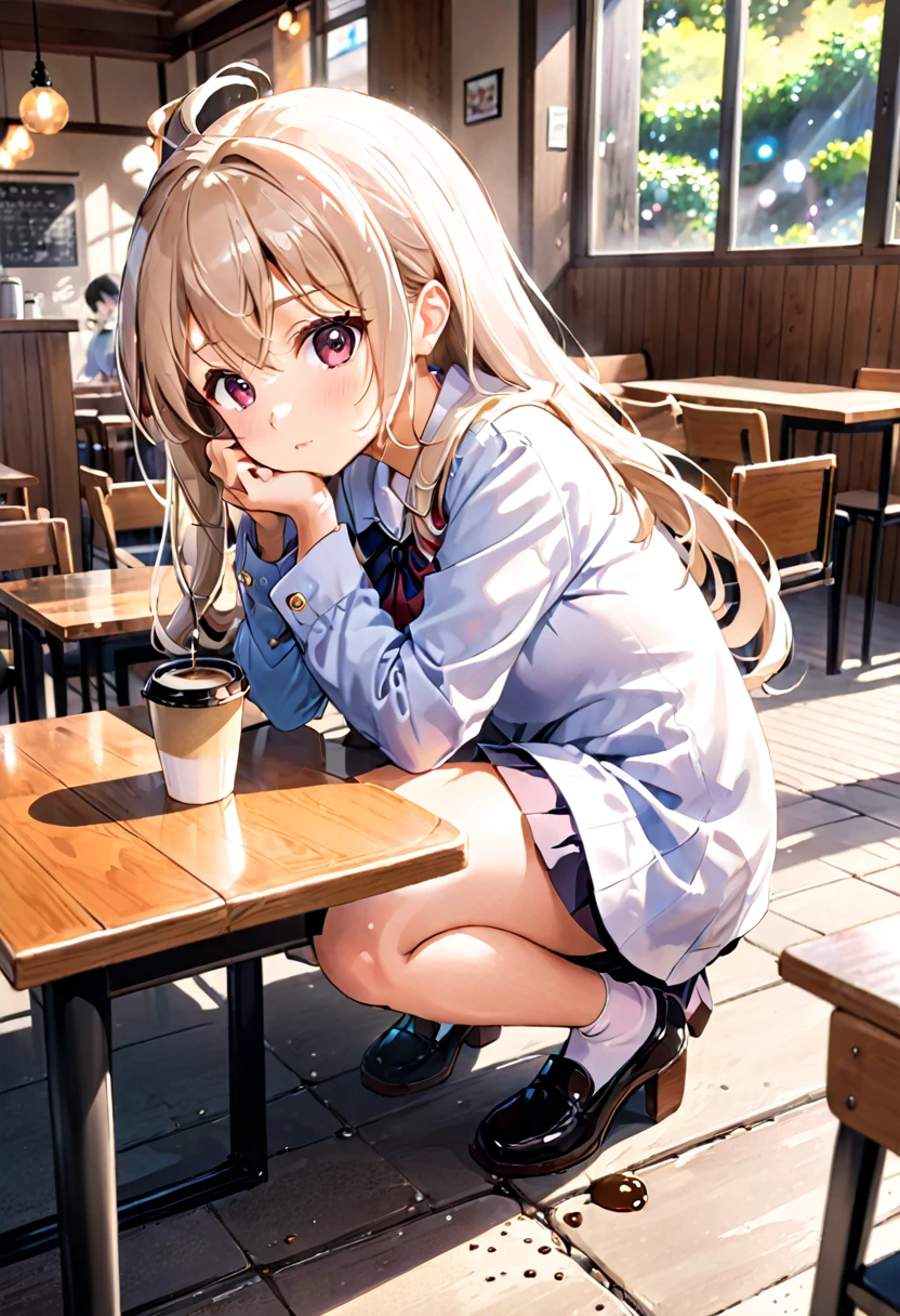 anime girl sitting at a table with a cup of coffee, Anime drawing by Shitao, Pixiv, Sequential Art, Beautiful anime school girl, Enchanting anime girl, Surreal , Cute girl anime visuals, Beautiful anime girl crouching, , Smooth anime CG art, Cute Anime Girl, Splash art anime