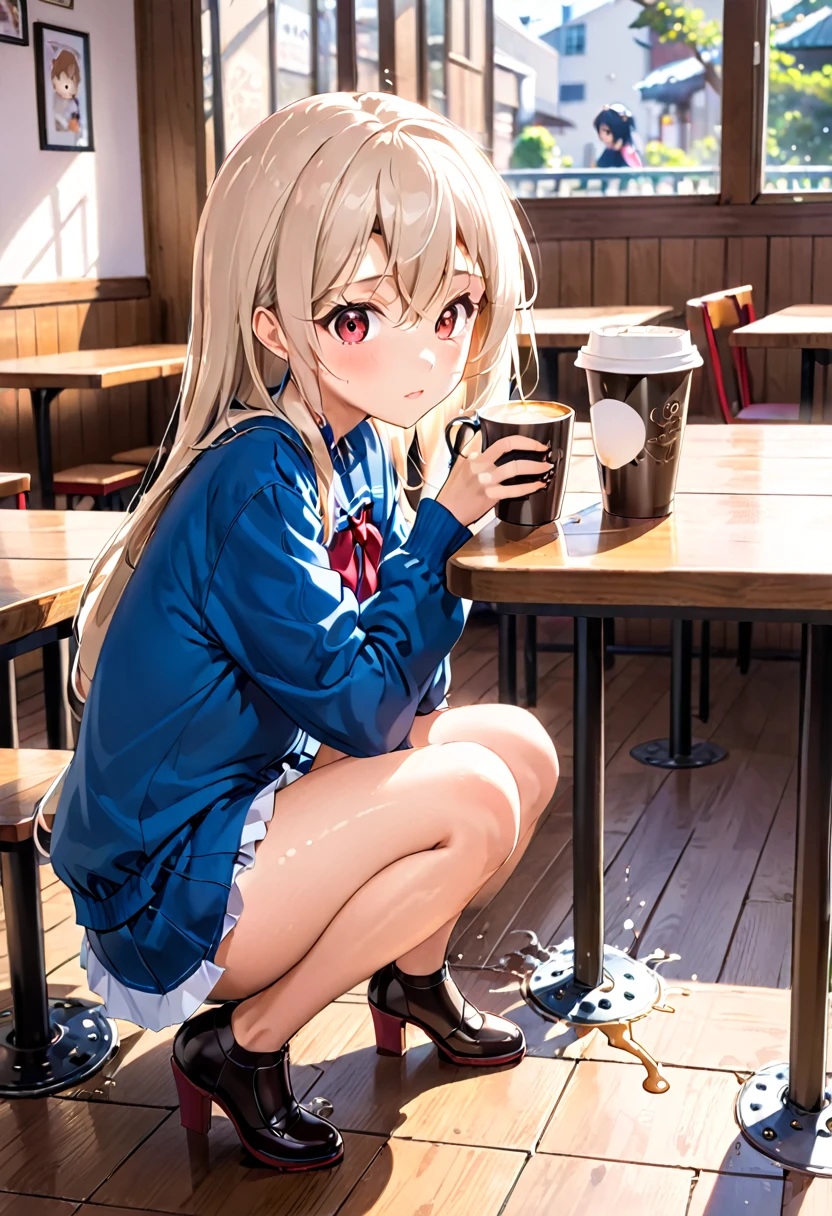 anime girl sitting at a table with a cup of coffee, Anime drawing by Shitao, Pixiv, Sequential Art, Beautiful anime school girl, Enchanting anime girl, Surreal , Cute girl anime visuals, Beautiful anime girl crouching, , Smooth anime CG art, Cute Anime Girl, Splash art anime