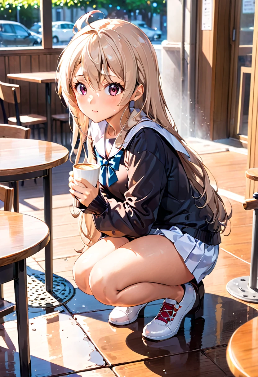 anime girl sitting at a table with a cup of coffee, Anime drawing by Shitao, Pixiv, Sequential Art, Beautiful anime school girl, Enchanting anime girl, Surreal , Cute girl anime visuals, Beautiful anime girl crouching, , Smooth anime CG art, Cute Anime Girl, Splash art anime