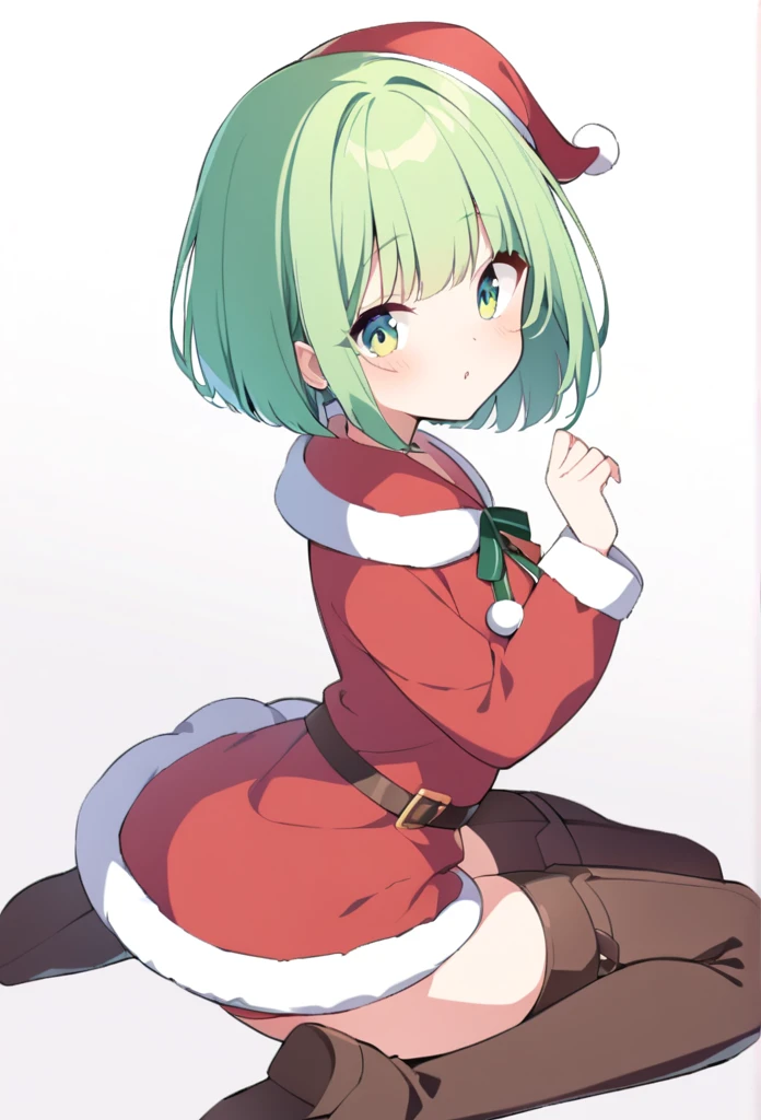 1 girl, cute, young, green hair, bob haircut, green eyes, santa clothes, thigh boots, wariza,