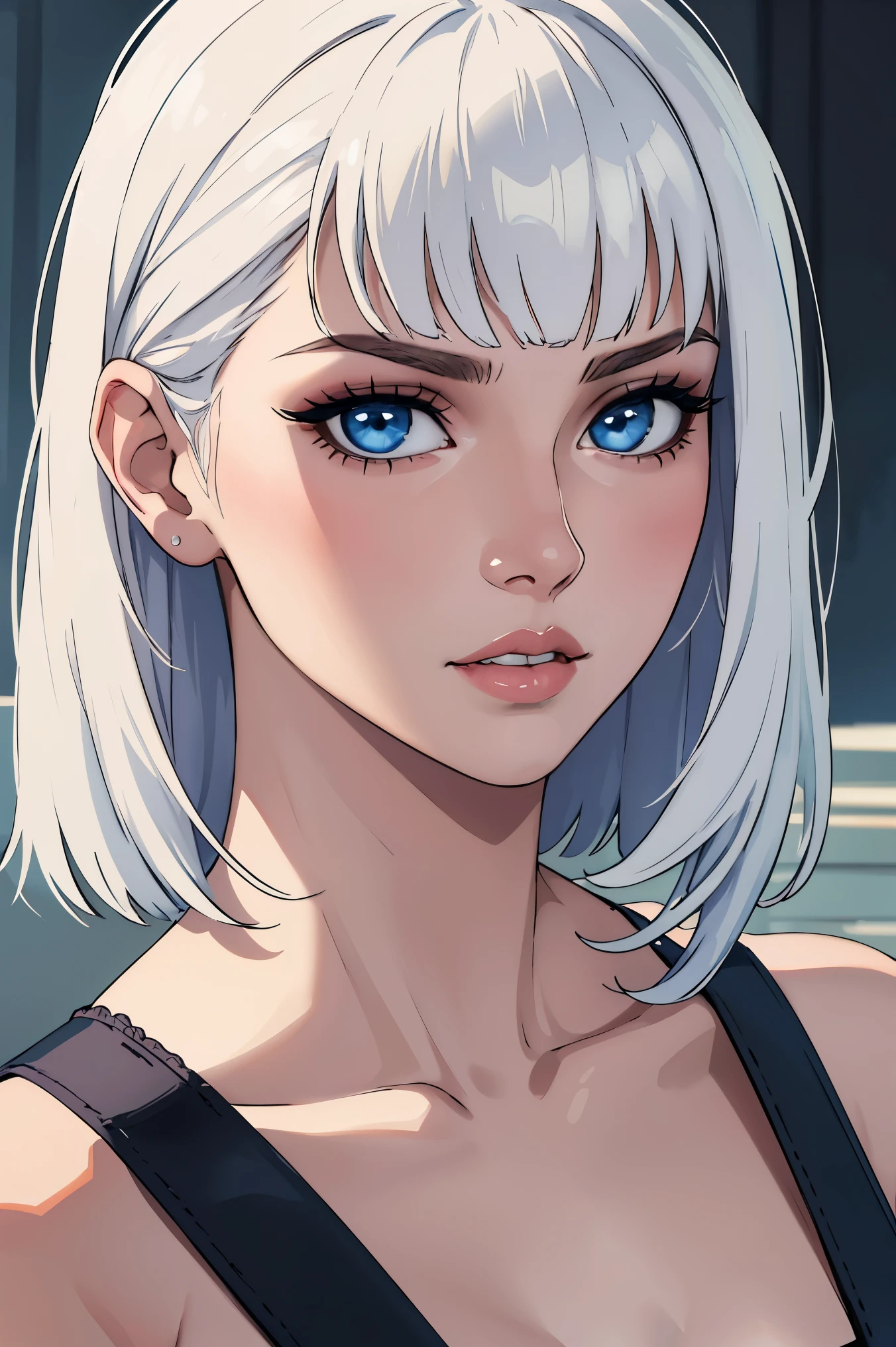 masterpiece:1.2, best quality), realistic, (real picture, intricate details, depth of field), (1girl, solo), make up, parted lips, highly-detailed, perfect face, delicate-looking, porcelain skin, ,  gorgeous, white hair, doe like blue eyes
