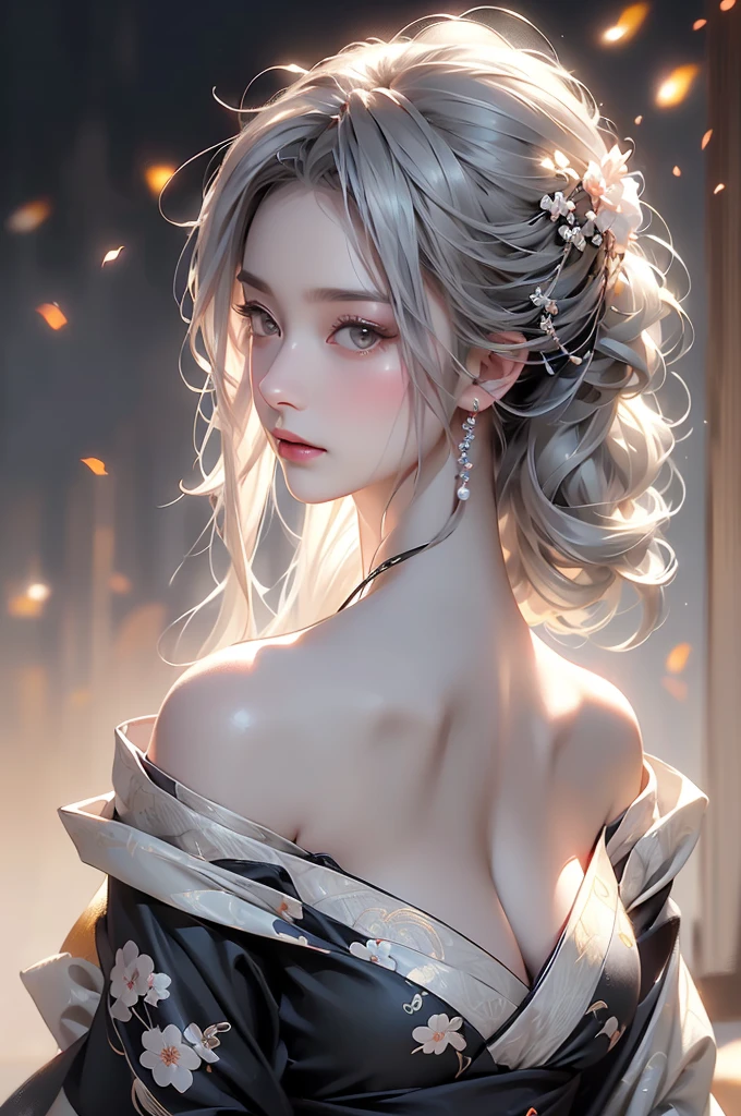 ((Picture from the waist up:1.3))super high quality, masterpiece, Perfect illustration, Very detailed (Exquisite light and shadow, Very dramatic photo,Backlight) , ((Gray Hair:1.5))1 Girl,(( alone:1.6)), (Wearing Japanese clothes, Black and white kimono,Monotony,Long sleeve、Gorgeous costumes、A highly decorated kimono) Flower Field, Flowers, (White smoke:1.3) (Realistic:1.4), Zen Intertwining, Tangled, Official Art, unity 8k wallpaper, Very detailed, Beautiful and beautiful, masterpiece, Highest quality, (Dynamic Angle: 1.4), Glowing Skin, (Floating colorful flashes: 1) The most beautiful chaotic shapes, elegant, Brutalist Design, Bright colors, Romantic Depth of Field Exotic_dance, half_naked、Expose your shoulders、Ample breasts、Great cleavage、Dynamic pose、Backlight,((from back side))
