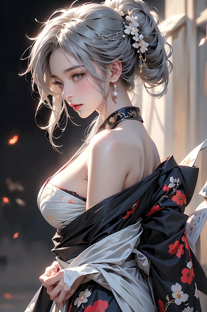 ((Picture from the waist up:1.3))super high quality, masterpiece, Perfect illustration, Very detailed (Exquisite light and shadow, Very dramatic photo,Backlight) , ((Gray Hair:1.5))1 Girl,(( alone:1.6)), (Wearing Japanese clothes, Black and white kimono,Monotony,Long sleeve、Gorgeous costumes、A highly decorated kimono) Flower Field, Flowers, (White smoke:1.3) (Realistic:1.4), Zen Intertwining, Tangled, Official Art, unity 8k wallpaper, Very detailed, Beautiful and beautiful, masterpiece, Highest quality, (Dynamic Angle: 1.4), Glowing Skin, (Floating colorful flashes: 1) The most beautiful chaotic shapes, elegant, Brutalist Design, Bright colors, Romantic Depth of Field Exotic_dance, half_naked、Expose your shoulders、Ample breasts、Great cleavage、Dynamic pose、Backlight,((from back side))
