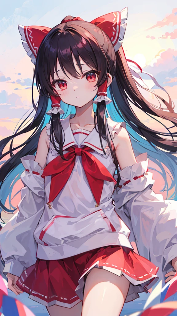 (Best image quality), Reimu Hakurei, sunset, hands back、ストリートキャップ、hoodie