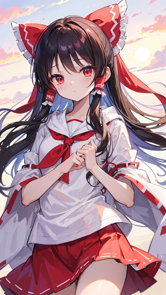(Best image quality), Reimu Hakurei, sunset, hands back、ストリートキャップ、hoodie