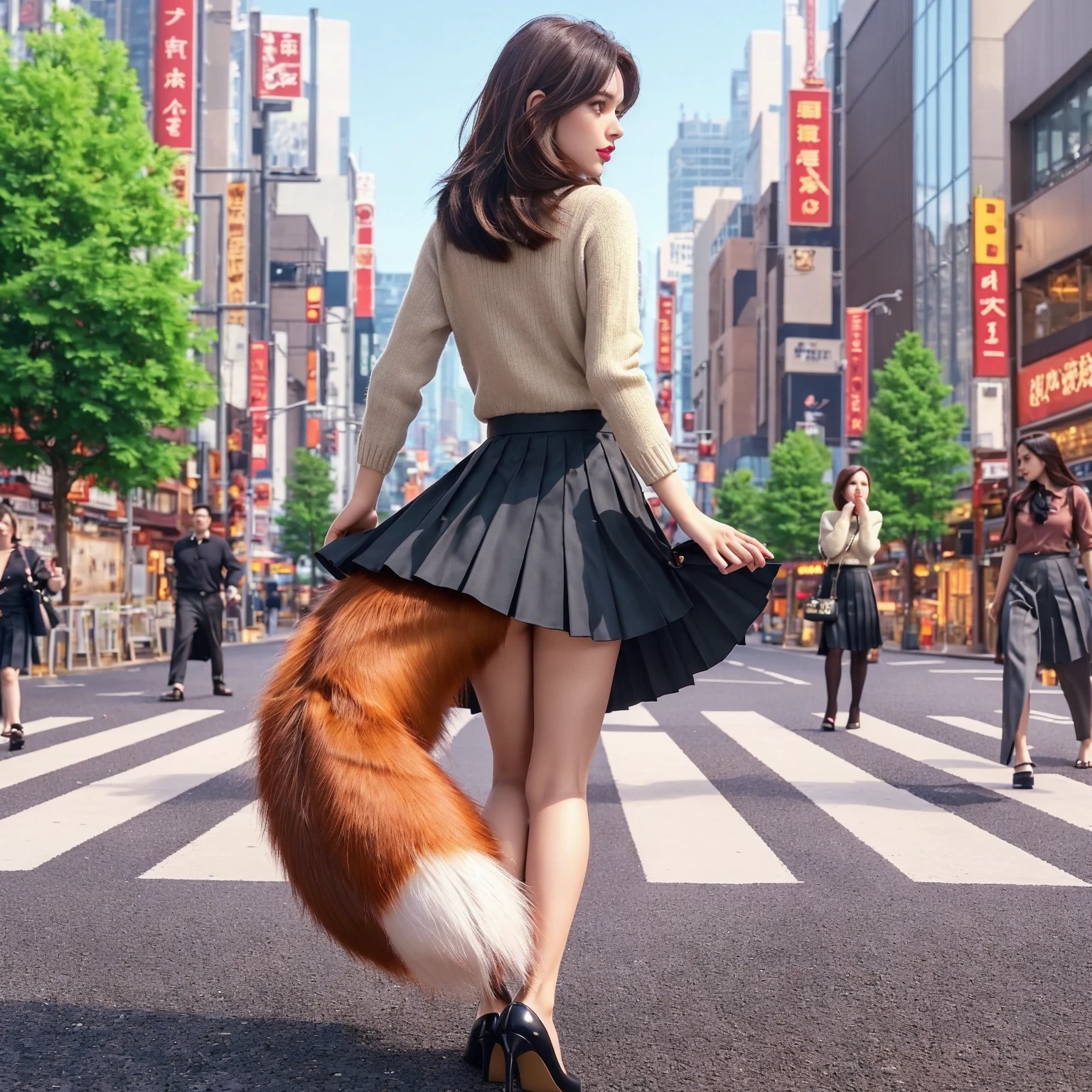 people on city streets々A woman with a fox tail crosses the road with, Fox tail, foxgirl, Furry tail, female furry mini cute style, very very beautiful furry art, fluffy tail, a picture, top-quality, tail