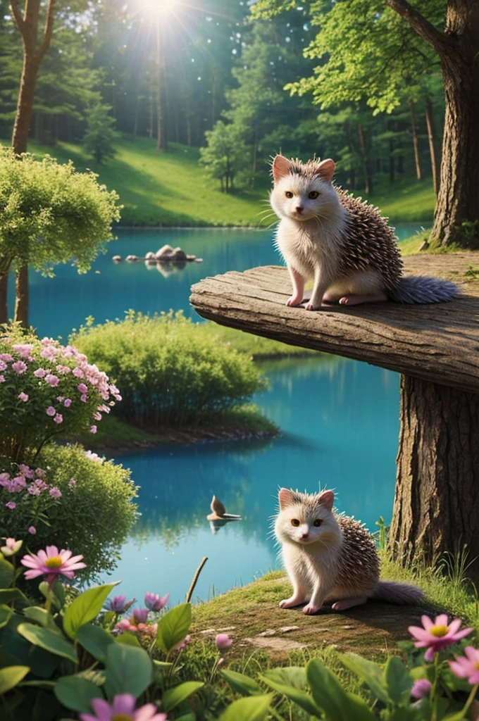 Hedgehog cat fairy-tale character,sitting in the clearing,there are flowers on her ,Nearby is a blue lake,the sun is shining