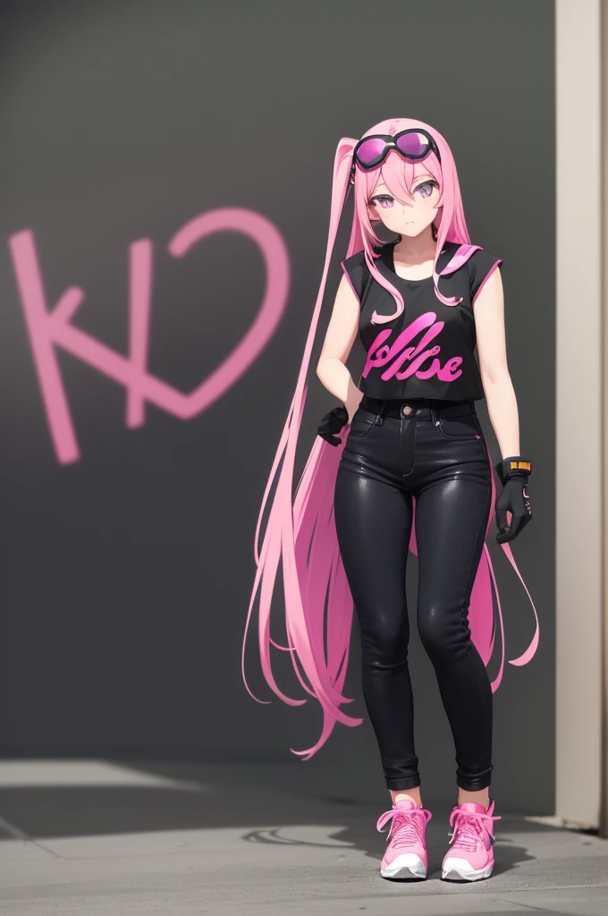 Cute anime girl, animated, long and straight pink hair, side swept bangs, black gloves, black and neon pink sleeveless sport shirt, black designer denim pants, black and purple shoes, and pink sunglasses, 
