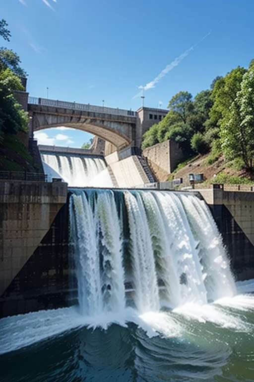 Picture of an electric dam, water power, blue + white tones