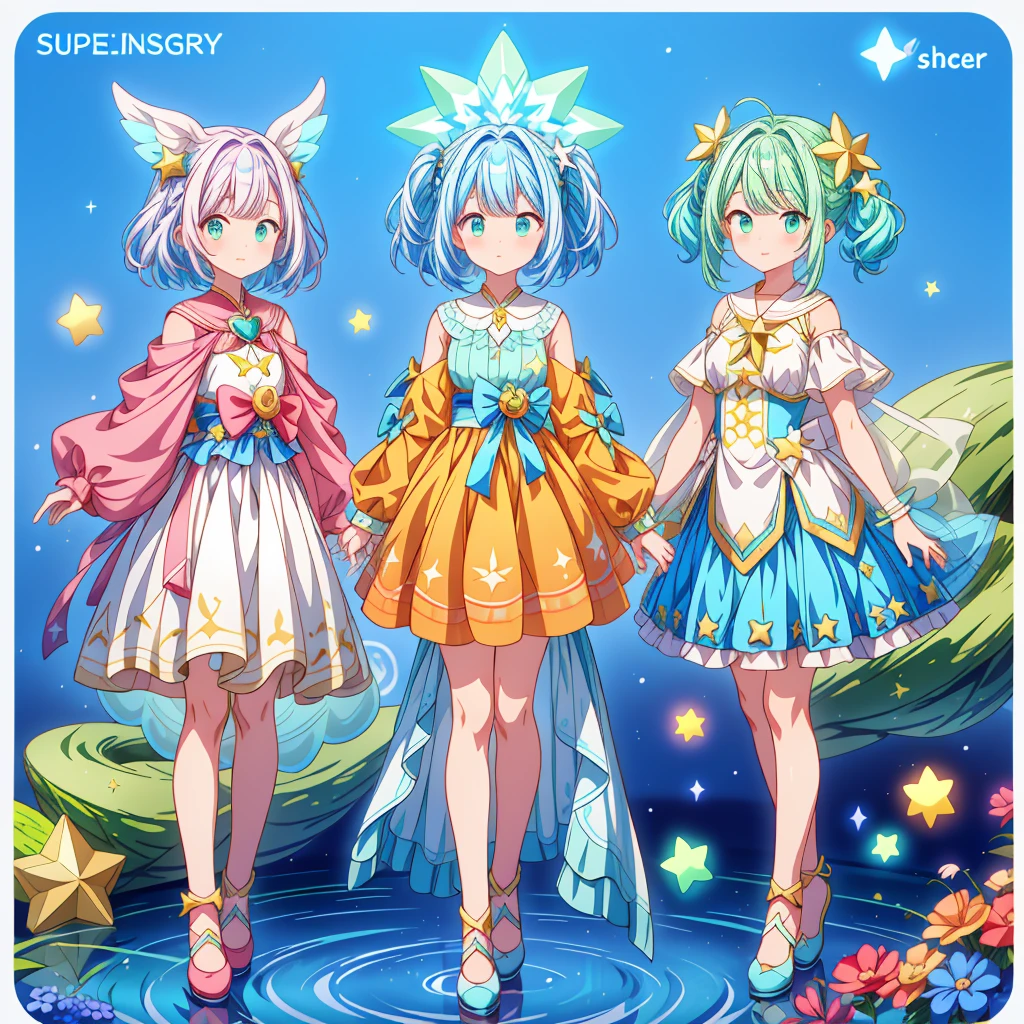 1girginal and unique cute hairstyle、Star Fairy、Star incarnation、Character design front view、A picture facing the viewer、(((Super detailed、Highest quality、Masterpiece)))、Original cute hairstyle、Milky white and blue hair color、Simple Green Background、vtuber-fullbody,