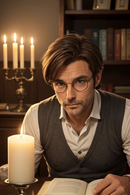 man, circular round glasses, messy brown hair, 40 years old, vest, gentle, sublte grey streak in hair, thin, intelligent, inside candle lit room, dim, night, cozy, kind, no facial hair, simon adventure time, less saturated, 