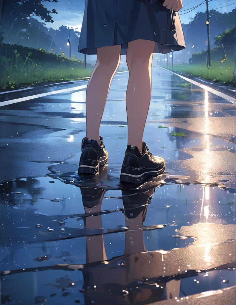 (Anime Style:1.4),A soft touch to painting、超High resolution, Attention to detail, high quality, High resolution, 最high quality, 4K, 8k,Road after the rain、evening、Puddle and girl's feet、Pastel color effect