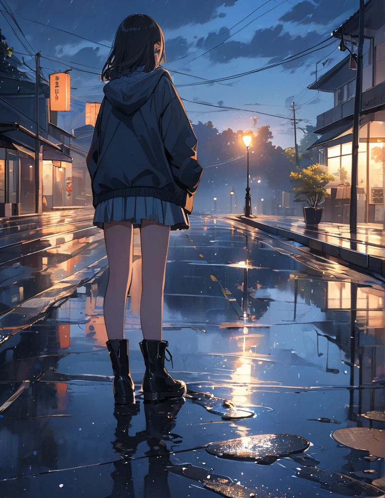 (Anime Style:1.4),A soft touch to painting、超High resolution, Attention to detail, high quality, High resolution, 最high quality, 4K, 8k,Road after the rain、evening、Puddle and girl&#39;s feet、Pastel color effect