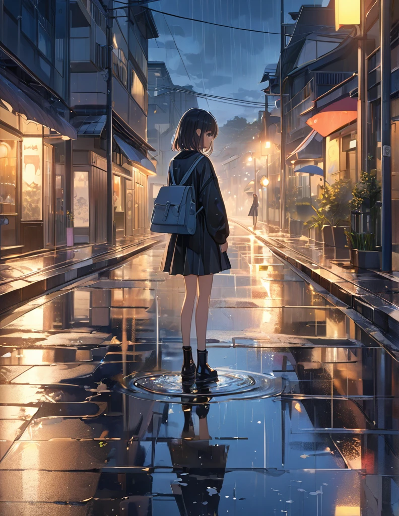(Anime Style:1.4),A soft touch to painting、超High resolution, Attention to detail, high quality, High resolution, 最high quality, 4K, 8k,Road after the rain、evening、Puddle and girl's feet、Pastel color effect