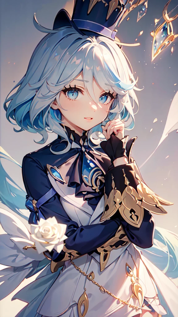 (White skirt),(((Wearing a small black hat)))Forrina, Surrealism, 8K, Super Detail, Hydraulic Archon, permanent, Naughty face, smug, beautiful eyes, masterpiece, high resolution, 8K, Anime woman, The writing is delicate and meticulous 、Detailed digital illustration、(((Genshin Impact))、Shiny hair、A very beautiful woman、High image quality, high quality、Detailed background、The inside of the eye sparkles like a diamond、(((Blue Hair)))、(((Scan your fringe)))、Gradient pupil、(((2 arms、4 fingers, 1 thumb)))、Detailed female face、A very beautiful woman、、Detailed background、masterpiece、Soft Focus , Bright gradient watercolor , lens flare , (((flash))) , glow , excellent ,、((Very beautiful light blue rose hair accessories)), maxiskirt,City background